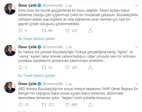 Ak parti'li çelik'ten, abd büyükelçiliği'ne 'beğeni' tepkisi