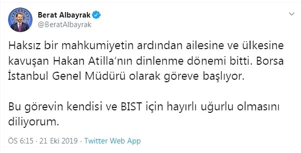 Bakan Albayrak: Hakan Atilla, Borsa İstanbul Genel Müdürü olarak göreve başlıyor