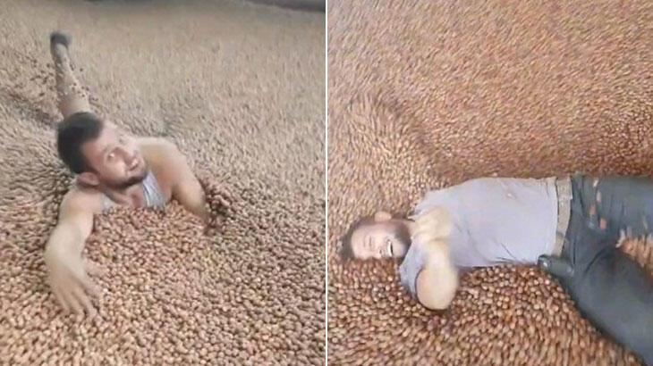 Kabuklu fındıkların içinde yüzme görüntülerini sosyal medyada paylaştı