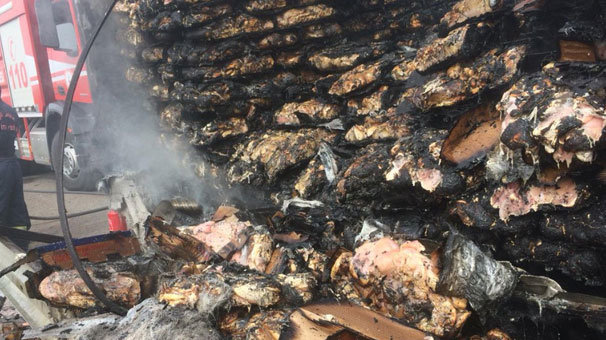 Tavuk eti yüklü TIR alev alev yandı