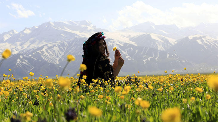 Yüksekova'da dağda kar, ovada sarı çiçekler
